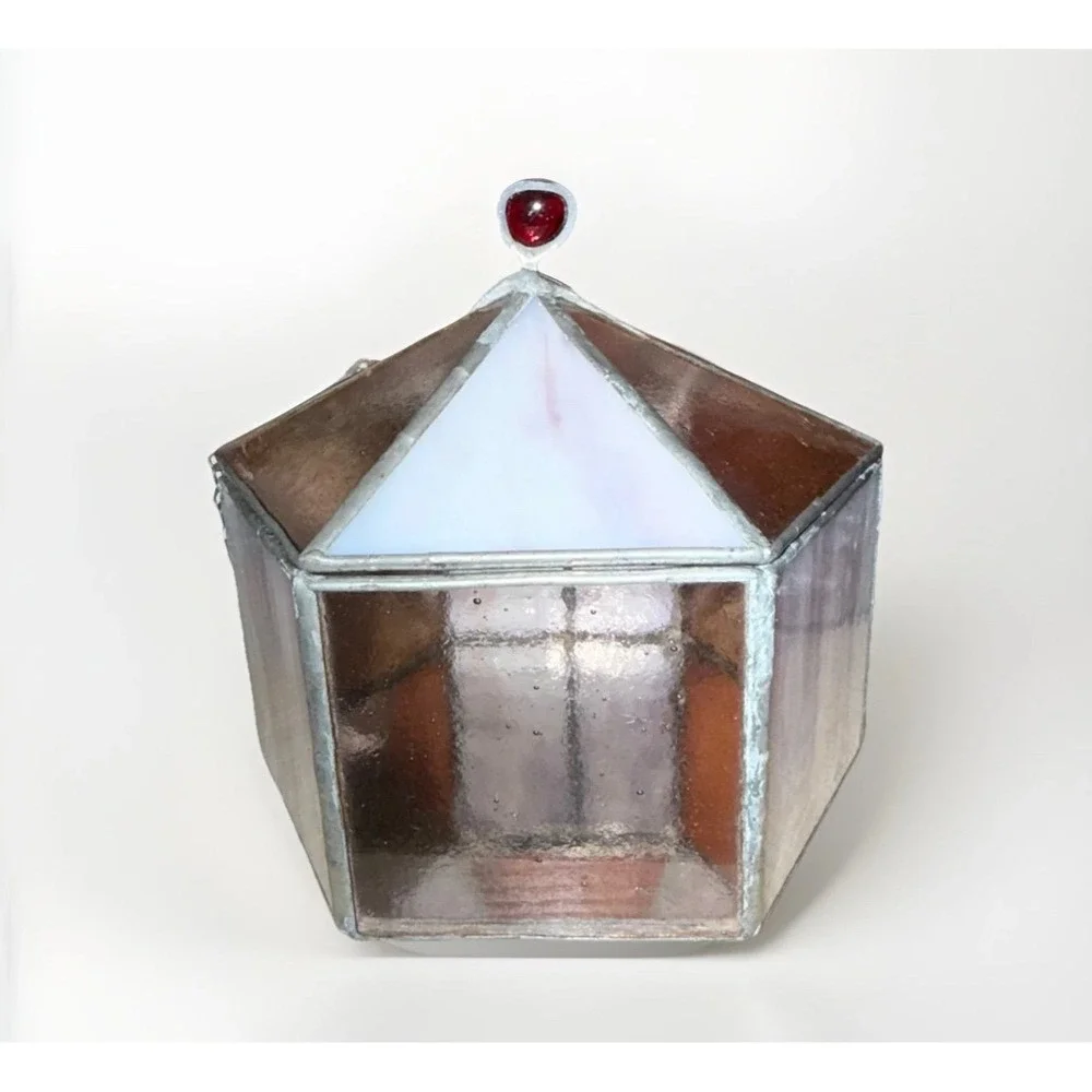 Vintage Stained Glass Hexagon Trinket Box Hinged Lid Mirrored Bottom Amber White